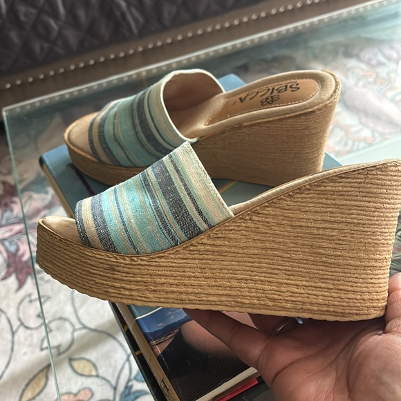 Blue and Tan Sz 8 Platform Shoes Casual Style mules wedge sandals - Picture 8 of 11
